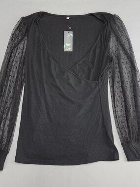 Fayenne Black XL Wrap Blouse V-Neck Long Sheer Polka Dot Puff Sleeve Ribbed Knit